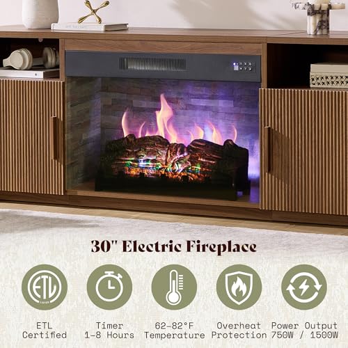 Image of AMERLIFE 70 inch Fluted Fireplace TV Stand for TVs Up to 80 inch, Modern TV Console with 30 inch Electric Fireplace & Storage Cabinets, Media Entertainment Center for Living Room, Brown