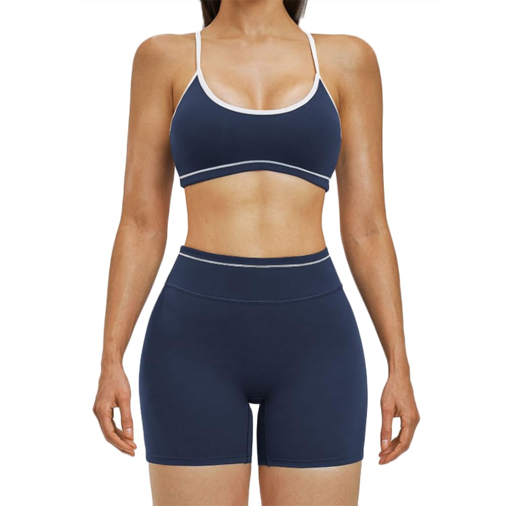 JPXJGT Two Piece Workout Set Women Color Block Strappy Sports Bra High Waist Shorts Gym Yoga Active Wear Outfit Breathable(Size:M,Color:Blue)
