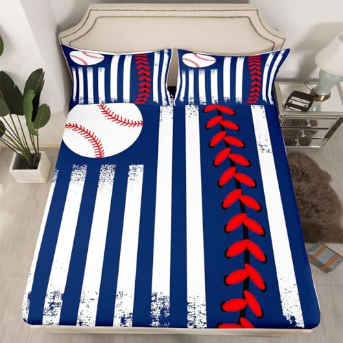 Image of Castle Fairy Navy Blue Red Bed Sheet Queen Size,Ball Sports Games Sheets,Kids Baseball Bedding Sets (1 Fitted,1 Flat,2 Pillowcases) Luxury Deep Pocket Bed Sheets