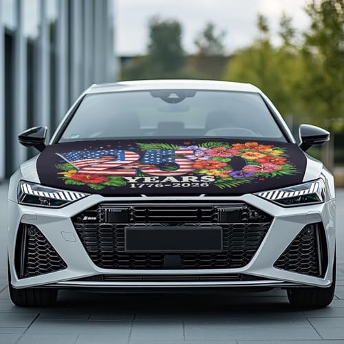 Image of 250 Years American Flag Hibiscus Print Car Hood Cover Elastic Fabrics Automotive Hood Covers Washed Auto Hood Flag Suitable for SUV and Pickup Trucks (59.05 X 39.37 inches)