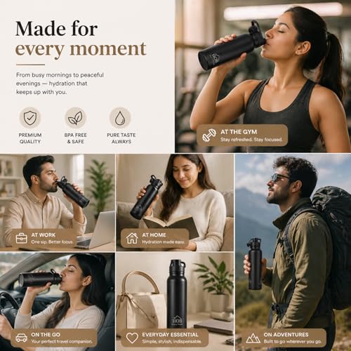 Image of HOB Stainless Steel Water Bottle 1 Litre | Flip Lid Sipper | Leak Proof | BPA Free | Rust Proof | For School, Gym, Office, Travel | Water Bottle for Kids & Adults | 1000ml | (1, Black, Flip Sipper)