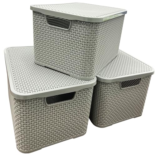 STORM TRADING GROUP Light Grey Rattan Effect Storage Baskets With Strong Lids Ideal For Kitchen, Bathroom, Laundry Room, Home & Office Storage Boxes (2)
