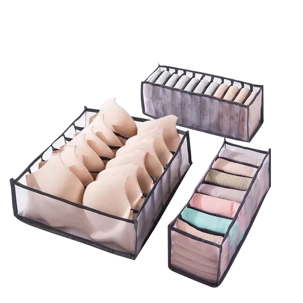 3PCS Wardrobe Clothes Organizer, 6+7+11 Grids Foldable Closet Organizers, Compartment Storage Box with Mesh Separation for Jeans T-Shirt Pants Legging