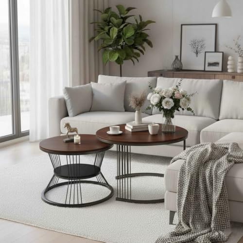 Image of Round Coffee Table Set of 2 for Living Room Wooden Top with Black Metal Frame Modern Nesting Center Table for Sofa Area Home & Office Furniture (Black Brown)