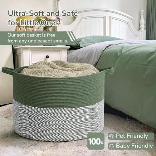 Image of INDRESSME 115L Extra Large Cotton Rope Blanket Basket, Home Decor Laundry Storage Basket for Organizing Bedroom, Living Room, Nursery, Toy Storage for Colthes Towel, Green