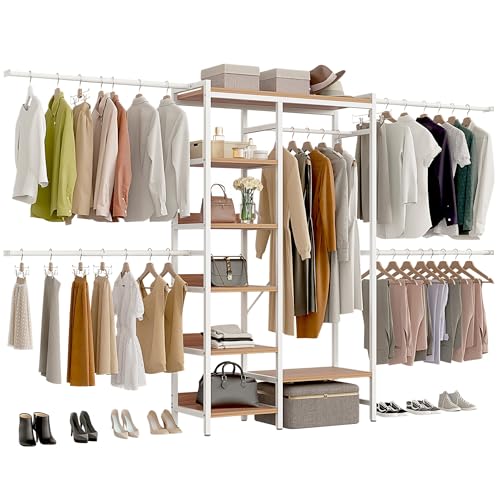 DWVO Closet Organizer System, Adjustable Heavy Duty Garment Rack, Walk In Closet System with Long Hanging Area, 4 Expandable Hanger Rods, 7-Tier Wood Storage Shelves, Fits 7-10 ft Space
