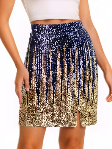 Paillettenrock, glitzernd, hohe Taille, dehnbar, figurbetont, Minirock, Party, Ausgehen, Clubwear für Damen, Dunkelblau, Gold, Groß