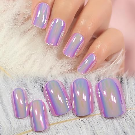 Elevenail 24pcs Magic Color Chameleon Pink Purple Glossy Press on False Nails Medium Short Squoval Reusable Fake Nails Full Cover Salon Wearable Fingernails Tips For Daily Party Women Girls Nail Art