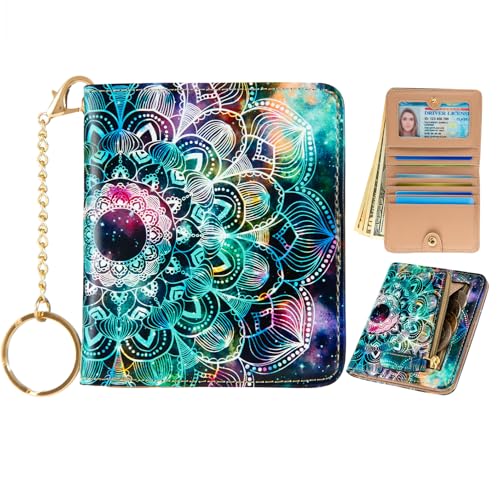 Wallet Women Small Cute,Slim Bifold Credit Card Holder, Compact RFID Blocking Cash Wallet,Billfolds Thin Leather Zipper Pocket,Mini Wallet for Ladies Teen Girls Travel (Mandala in the Galaxy)