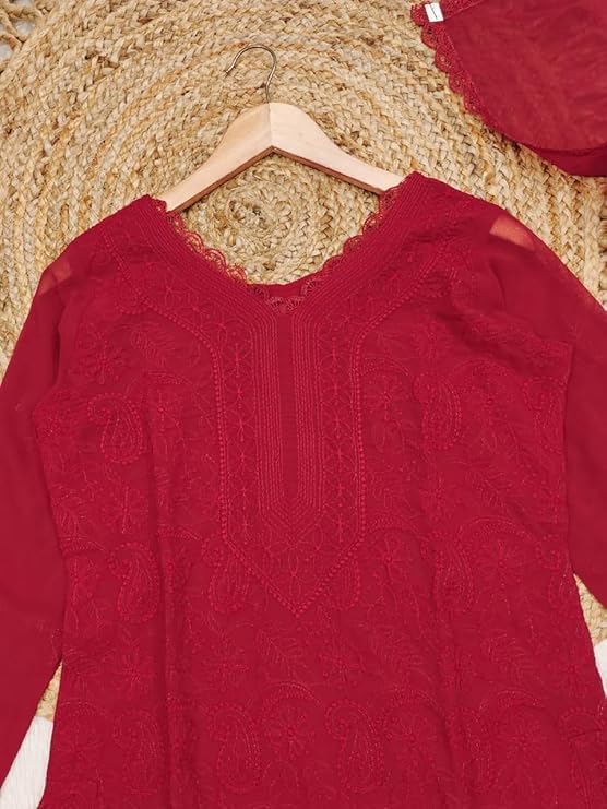 Image of Women Embroidered Straight Kurti with Palazzo And Dupatta Set | Elegant Ethnic Wear Kurta Set | V-Neck Long Sleeve Kurti | Stylish Casual, Festive & Wear for Women