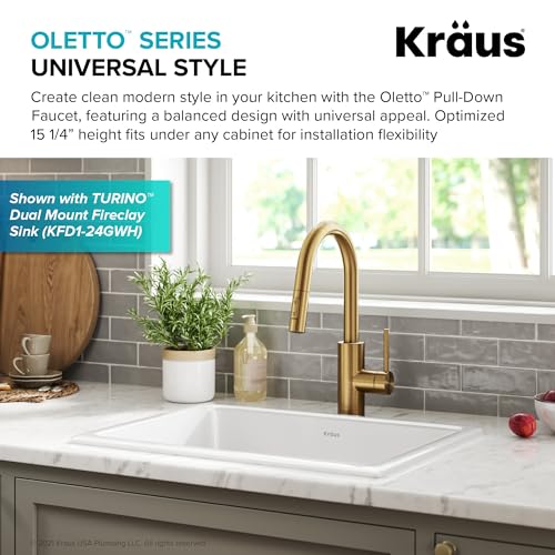 Image of KRAUS Oletto Single Handle Pull Down Kitchen Faucet with QuickDock Top Mount Installation Assembly in Spot-Free Brushed Brass, KPF-2620BB