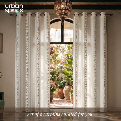 Image of Urban Space 100% Cotton Floral Curtains 8 Feet Long Set of 2, 60-65% Room Darkening, Decorative Curtains with Eyelets /Rings for Hanging, Tieback Included (Bela, Long Door - 8 Feet)