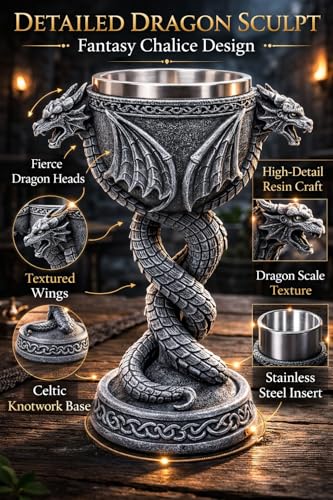 JRose Collections Gothic Dragon Goblet Chalice with Twin Dragon Design – Medieval Stone Effect Resin with Stainless Steel Inner Cup – Fantasy Home Bar Décor, Collectible Ornament, Drinking Cup - Image 3