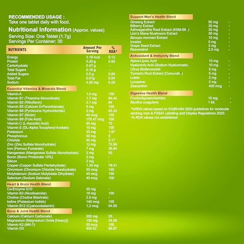 Image of U-VITA Men 50+ Multivitamin | 47 Essential Vitamins, Minerals & herbal extracts | Pre & Probiotics | Resveratrol, Ashwagandha, Lion's Mane Mushroom Extracts | 30 Veg Tablets | Formulated in the UK