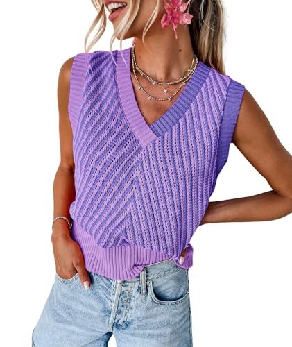 Image of MARZXIN Women Sleeveless Sweater V Neck Casual 2026 Fall Knitted Chevron V Neck Sweater Vest Color Block Pullover Sweater Top