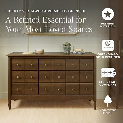 Image of Namesake Liberty 9-Drawer Dresser with 9+ inch Drawer Extension in Natural Walnut, Fully Assembled, Greenguard Gold Certified, Smooth Glide, Adult and Child Nursery Dresser, Vintage /Apothecary Design