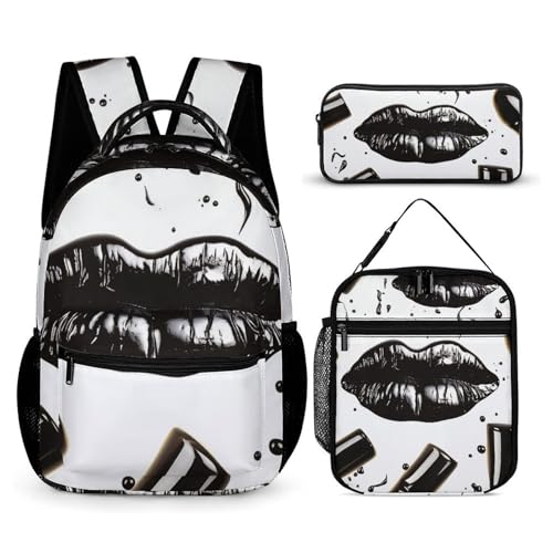 Cool Black Lipstick Lips Backpack Set Lightweight Bag Lunch Box Pencil Bags for Women Men Bookbags 3 in 1