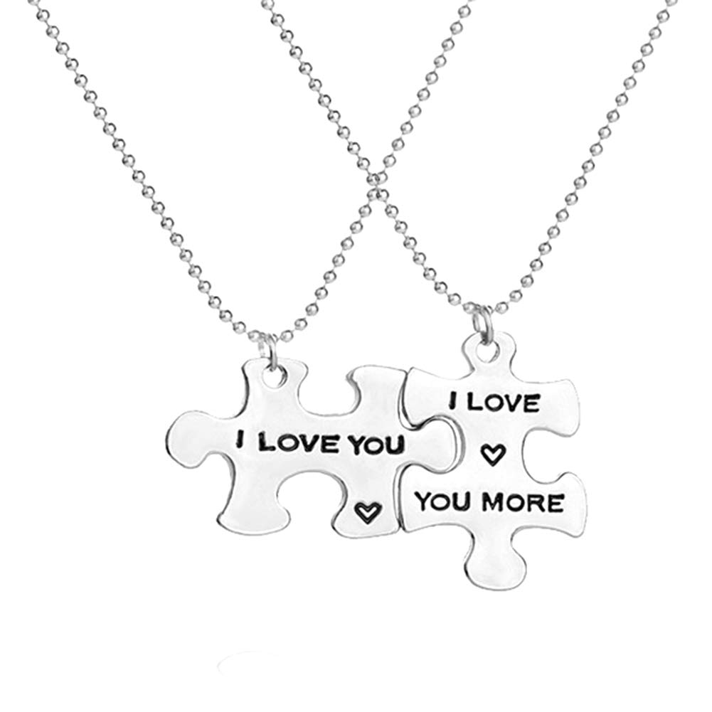 New 2Pcs Chic Letters Print Puzzle Tag Pendant Jewelry Couple Lover Party Necklace - Silver