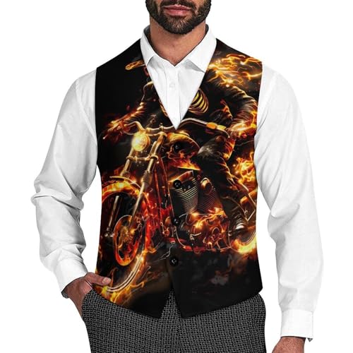 Fire Skeleton Riding Motorcycle Men's Suit Vest Waistcoat Vests Formal Dress with 2 Pockets for Business Casual Tuxedo
