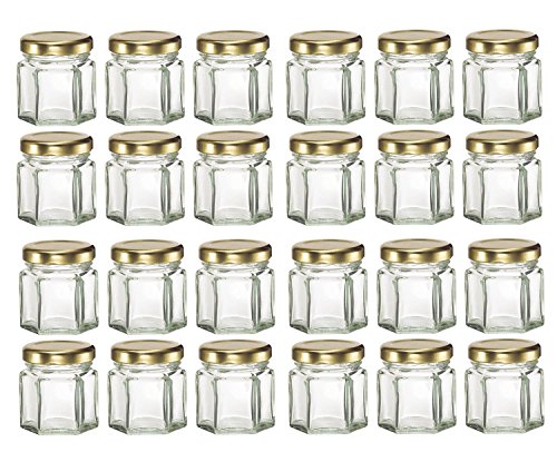 GYBest LJP 24 Pack 1.5 Ounce Hexagon Glass Jars with Gold Plastisol Lined