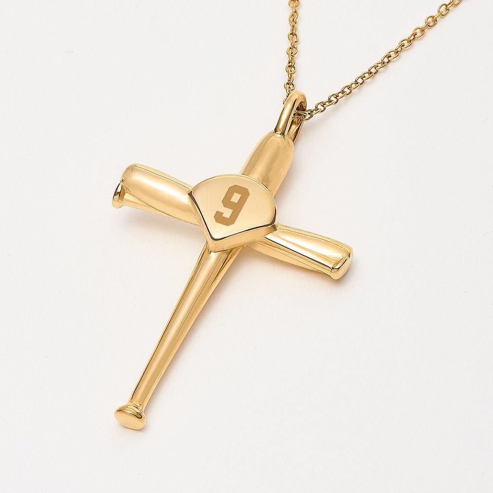 PicturesOnGold.com Yellow Gold Stainless Baseball Bat Cross Pendant with Number w/ 20 inch Chain - 3/4 inch x 1 1/4 Inch