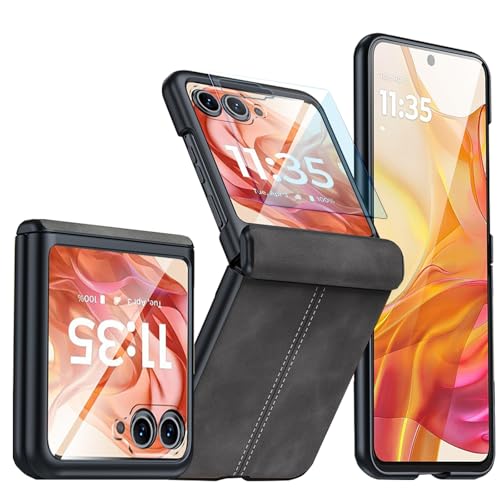 Coque en Cuir pour Motorola Razr 60 Ultra avec Protection D'écran Arrière Intégrée et Protection des Charnières, Luxe Fine en Cuir PU Mat PC Antichoc Housse pour...