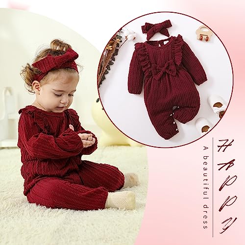 Image of Happy Town Baby Girl Romper Infant Fall Winter Clothes Ruffle Sweater Long Sleeve Bodysuit Jumpsuit and Headband