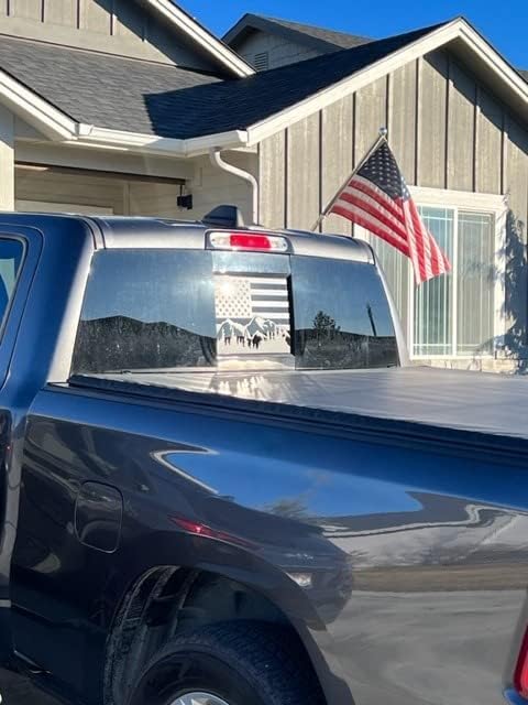 Image of for Chevrolet Colorado /GMC Canyon 2015-2026 Rear Middle Window American Flag Decal, Matte Black Mountain USA Flag Vinyl Sticker for Truck Back Sliding Window