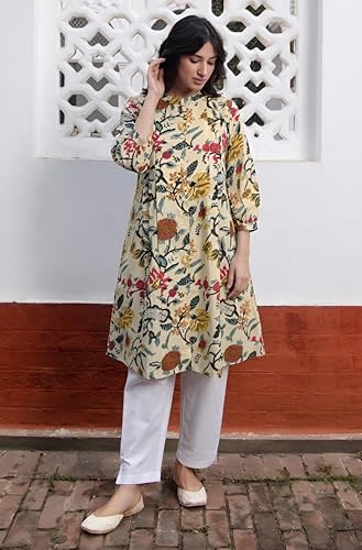 Image of Janasya Women's Pure Cotton Floral Printed A-Line Tunic