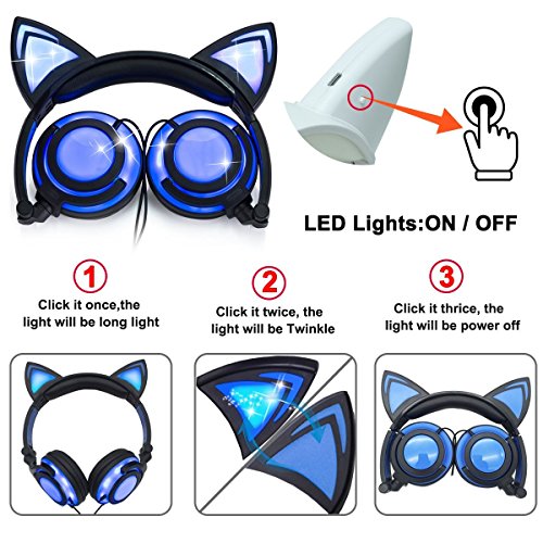 Kangxinsheng Kinder Kopfhörer,Katze Ohr Kopfhörer mit LED-licht,Faltbarer Wiederaufladbare Wired Headset für Mädchen… - Image 6