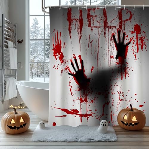 AIBIIN Cortina de ducha Halloween Help Me with Bloody Hands Shadows Espeluznante tema Decoración baño Accesorios poliéster duradero 12 ganchos 180x180 cm