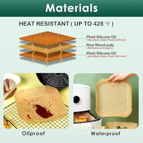 Image of Marve Square Air Fryer Liners Food-Grade BPA Free Paper for 5 to 8 litres Oil-Free Fryers - Healthy Cooking I Heat Resistance Air Fryer, Baking, Roasting Microwave (100 Pcs Air Paper Fryer)