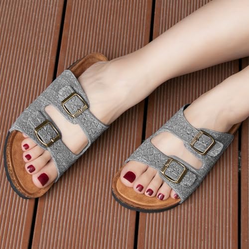Image of Women's Comfy Arch Support Cork Footbed Adjustable Knitting Straps Indoor and Outdoor Slides Sandals