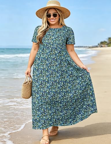 Image of Kancystore Women's Plus Size Maxi Dress with Pockets Summer Dresses XL-5X | Plus Size High Waisted Long Length Beach Dress, Empire Waist Round Neck Casual Dress, Solid Striped Floral Tie Dye Colors