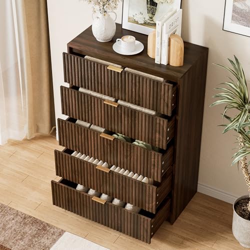 Image of Furniway Walnut Dresser for Bedroom, Tall Dresser with 5 Drawers and Smooth Slides, Modern Chest of Drawers with Golden Handles for Bedroom, Living Room, Closet, 15.7 inch D x 31.5 inch W x 47.2 inch H