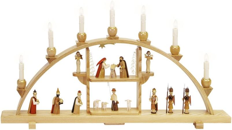German Candle Arch Nativity Scene, Length 75 cm / 30 inch, Natural, electrically Illuminated, Original Erzgebirge by Richard Glaesser Seiffen