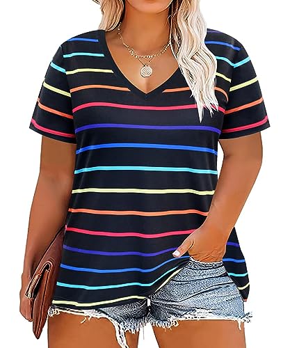 Image of RITERA Women Plus Size Tops Tie Dye V Neck Shirt Floral Camo Summer Short Sleeve Tunic Oversized Ladies Blouse XL-5XL