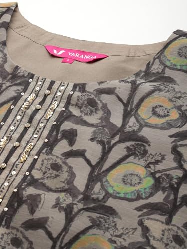 Image of Varanga Women Floral Printed Kurta Pant Set with Dupatta | Silk Blend Fabric | Summer Wear | 3 /4 Sleeve Round Neck | Lightweight & Comfortable Daily Wear