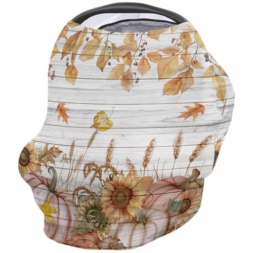Nursing Cover for Breastfeeding Scarf, Fall Pumpkin Sunflower Leaves Wood Grain Baby Car Covers Super Soft Multi Use for Canopy Shopping Cart Cover Blanket Stroller Cover