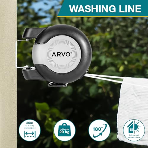 ARVO Wall Mounted Double Retractable Washing Line - 30m Clothes Line - Value Range Extendable Laundry Drying Line - 2 x 15m Cables for Indoor & Outdoor Use - Image 3