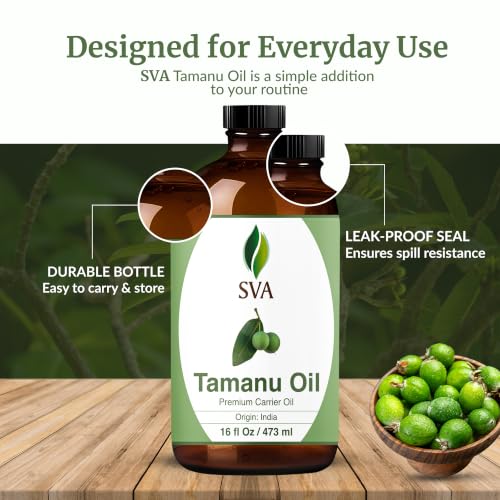 Image of SVA Tamanu Carrier Oil, Huge Glass Bottle, Large Size, 16 Fl Oz (473 ml) | Tamanu Oil for Face Care, Skin Care, Facial Oil, Hair Care, Scalp Massage, Body Massage, Dilution & DIY Beauty Blends