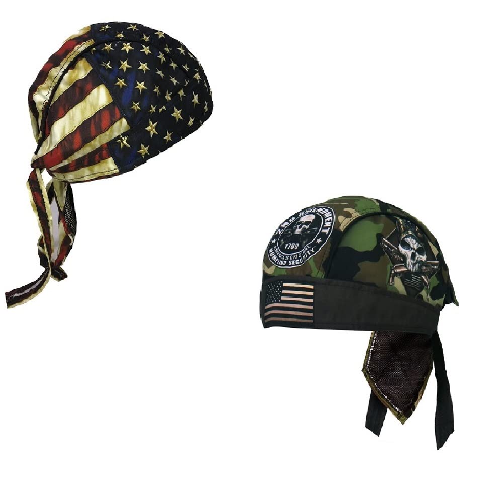 Lot Set 2 USA Distressed USA American Flag Patriotic 2nd Amendment Camo Camouflage America Headwrap Durag Skull Cap