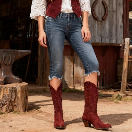 Image of LEHOOR Cowboy Boots Women Embroidered Mid Calf Western Boots Stacked Low Heel Pointed Toe Pull On Cowgirl Boot 4-11 M US
