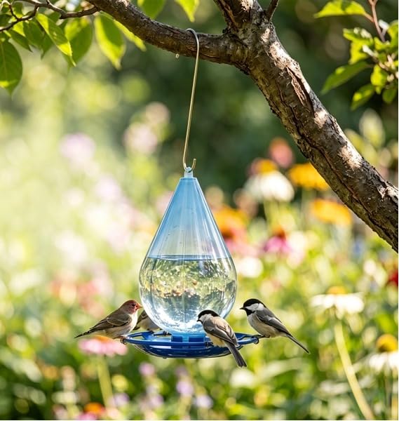 Wild Bird Water Feeder Droplet Hanging Bird Waterer for Outdoor Garden 1 Quart Capacity Transparent Reservoir with Gravity Flow System for Robins Finches Sparrows