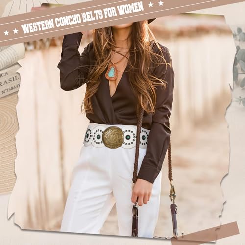 Image of XZQTIVE Western PU Leather Belts for Woman Concho Cowgirl Cowboy Disc Belt for Ladies Wide Boho Country Waist Belts for Dress