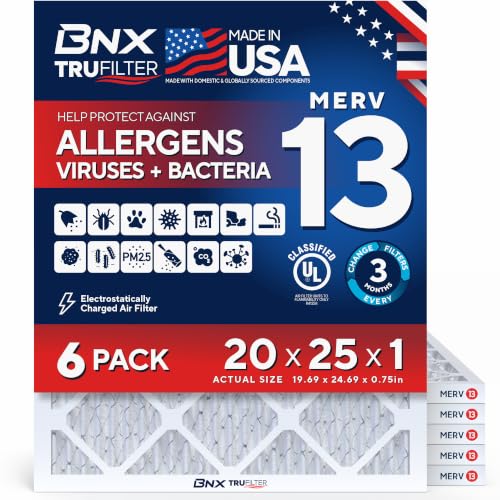BNX TruFilter 20x25x1 Air Filter MERV 13 AC Filter, HVAC Furnace Filter, 6 Pack (ACTUAL SIZE 19.68"x24.68"x0.75") Allergies, Dust, Pet Dander & Smoke - MADE IN USA - MPR1500 / FPR 10