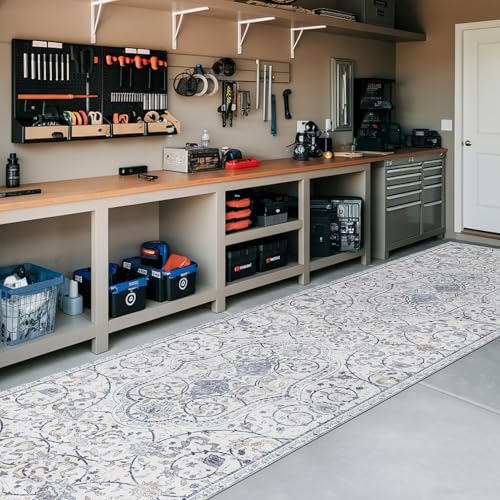 2'×10' Blue Floral Vinyl Runner Rug, Non-Slip Floor Mat for