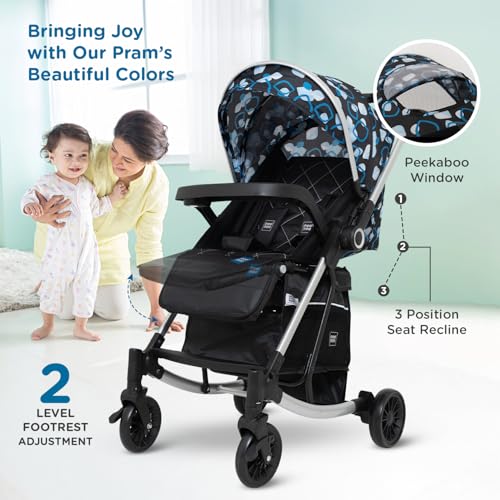 Image of Mee Mee Dream Rocker Baby Stroller /Pram (0-3 Years) | Rocking Feature with 5-Point Safety Harness | 3 Recline Seat Positions, 360 Swivel Wheels, Reversible Handlebar & Spacious Storage Basket