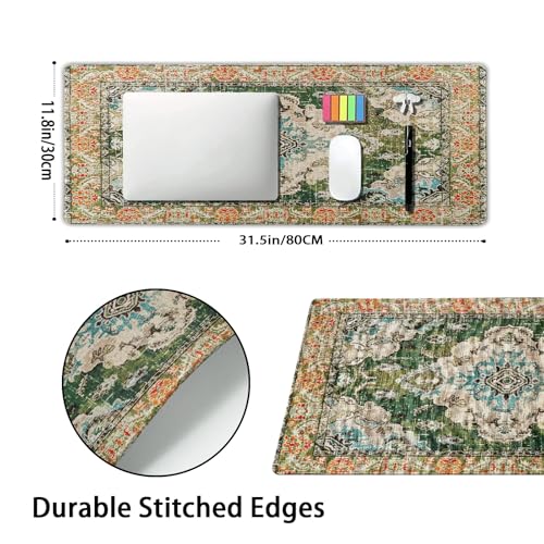 Image of Vintage Rug Mouse Pad XL Green Orange Retro Carpet Aesthetic Extended Table Mat 80X30 cm Non-Slip Rubber Base Stitched Edge Large XL Mousepad for Desk Gaming Laptop Desk Top,31.5x11.8 Inch