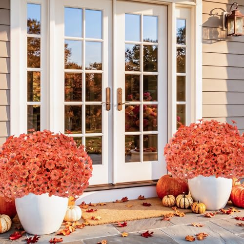 Image of Powbrace 60 Pack Artificial Fall Flowers Mums for Outdoor Indoor (Orange)